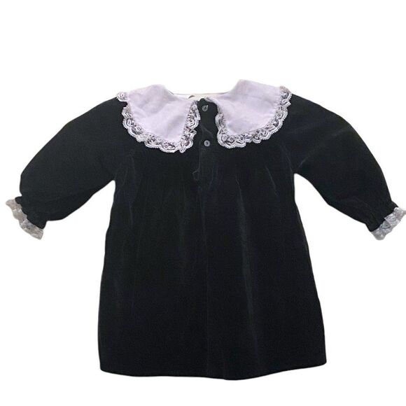 Vintage Black Velvet White Lace Collar Baby Girl Dress 12 Months Cottagecore - Picture 2 of 6